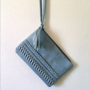 Pale blue suede wristlet